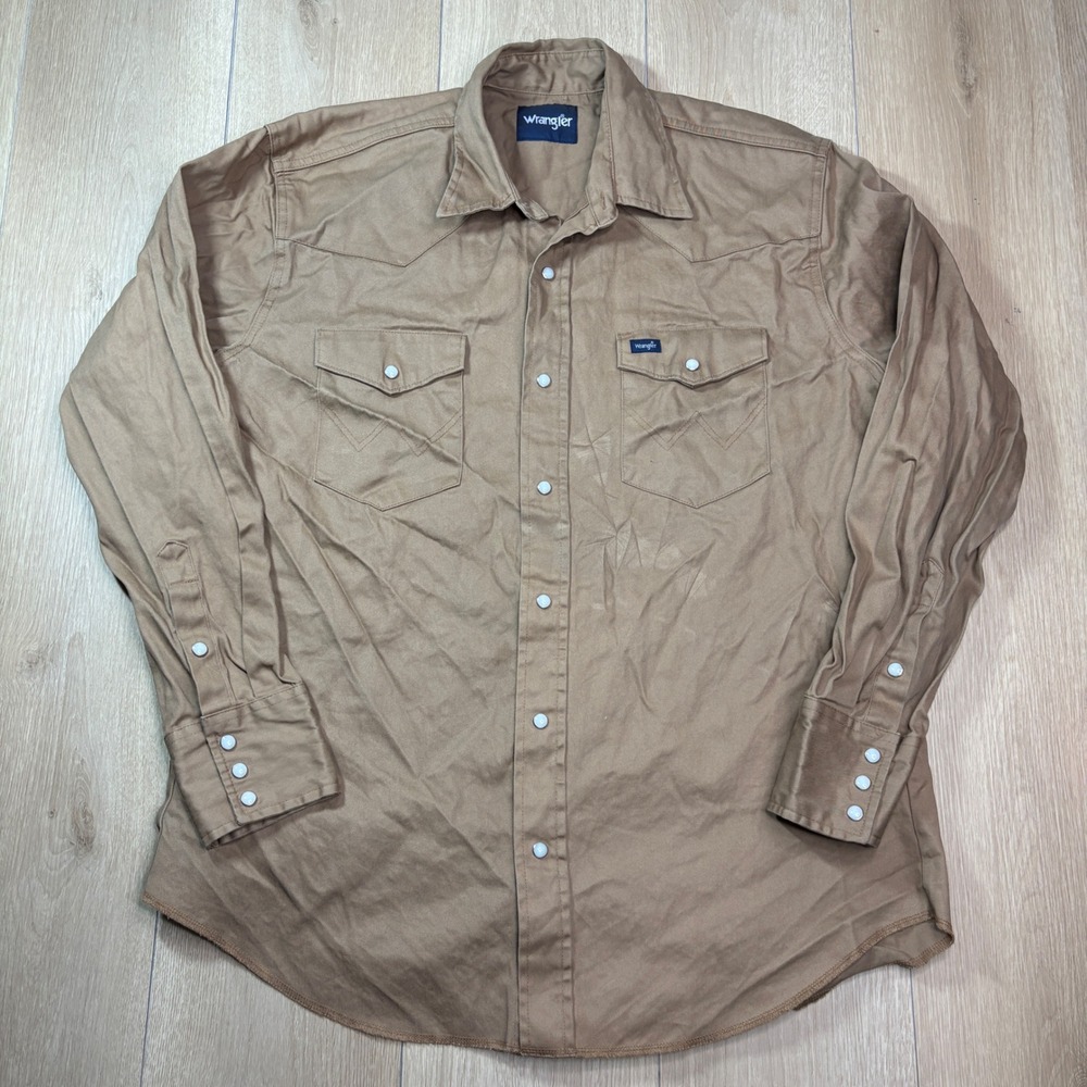 Wrangler Western Pearl Snap Shirt Large Tan Brown Heavy Cotton Cowboy Workwear